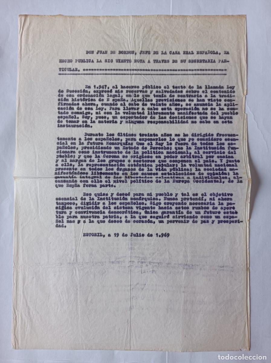 Coleccionismo: NOTA P&Uacute;BLICA DE LA SECRETAR&Iacute;A DE DON JUAN DE BORB&Oacute;N, JEFE DE LA CASA REAL ESPA&Ntilde;OLA, ESTORIL 1969