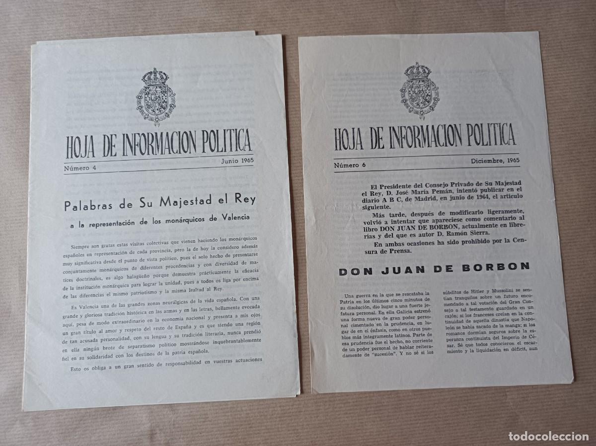 Coleccionismo: HOJA DE INFORMACI&Oacute;N POL&Iacute;TICA N&Uacute;MEROS 4 y 6 SU MAJESTAD EL REY Y DON JUAN DE BORB&Oacute;N