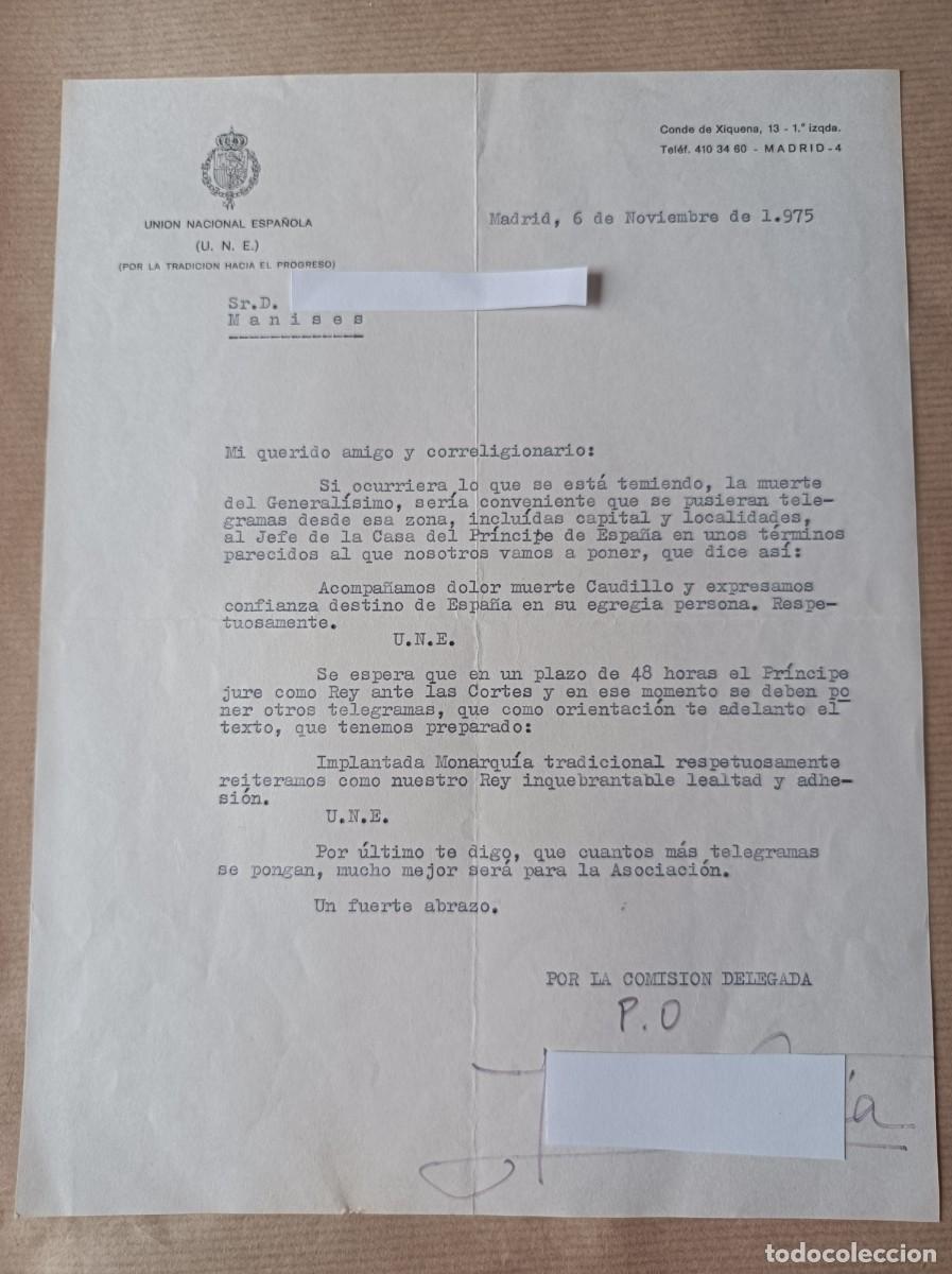 Coleccionismo: CARTA DE SOCIO DE LA UNI&Oacute;N NACIONAL ESPA&Ntilde;OLA ANTE POSIBLE MUERTE DE FRANCO Y ADHESI&Oacute;N AL REY 1975