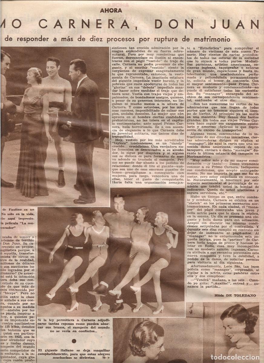 Coleccionismo: A&Ntilde;O 1933 RECORTE PRENSA BOXEO BOXEADOR PRIMO CARNERA CONQUISTADOR 10 PROCESOS RUPTURA DE MATRIMONIO