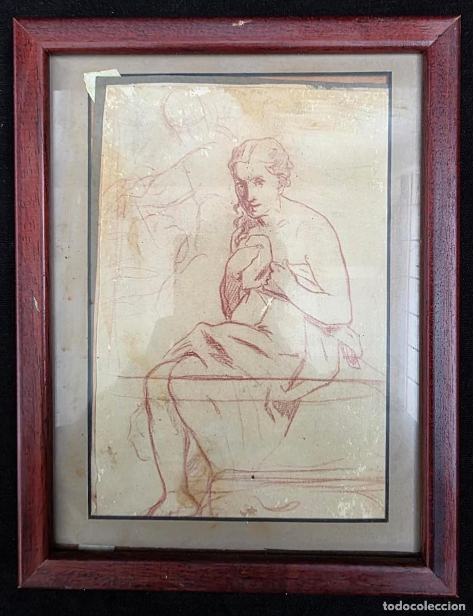 Coleccionismo: Dibujo antiguo sanguina mujer con paloma enmarcado estilo cl&aacute;sico 26x20 cm