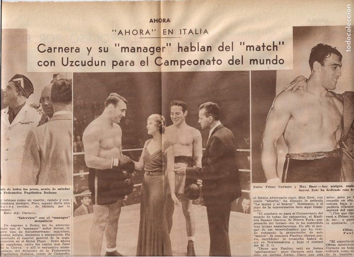 Coleccionismo: A&Ntilde;O 1933 RECORTE PRENSA ENTREVISTA BOXEADOR CARNERA Y SU MANAGER COMBATE UZCUDUN CAMPEONATO MUNDO