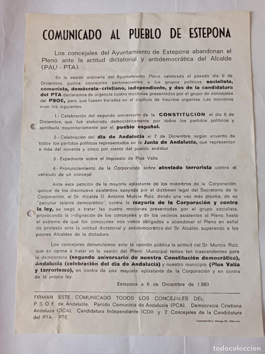 Coleccionismo: COMUNICADO AL PUEBLO DE ESTEPONA CONCEJALES DEL AYUNTAMIENTO ABANDONAN EL PLENO- &Eacute;POCA TRANSICI&Oacute;N