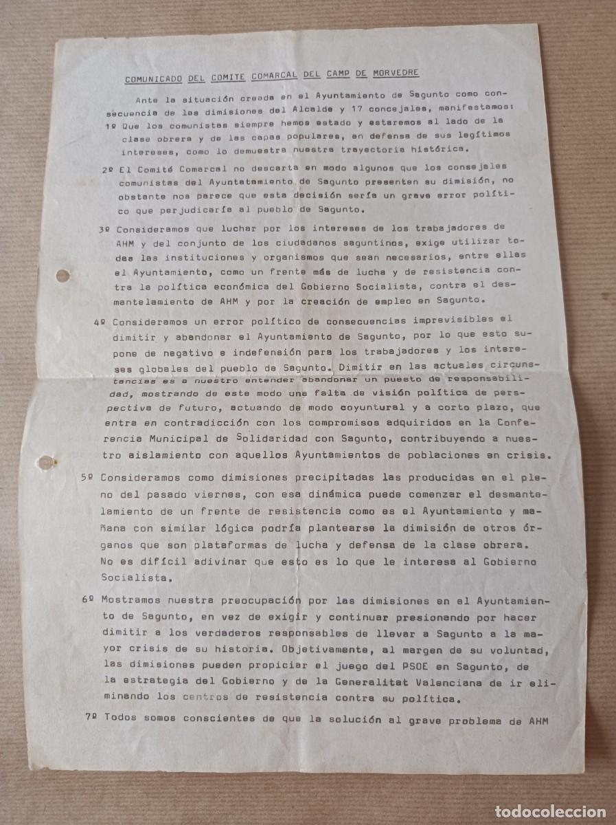 Coleccionismo: COMUNICADO COMIT&Eacute; COMARCAL DEL CAMP DE MORVEDRE PARTIDO COMUNISTAS PA&Iacute;S VALENCIANO - TRANSICI&Oacute;N