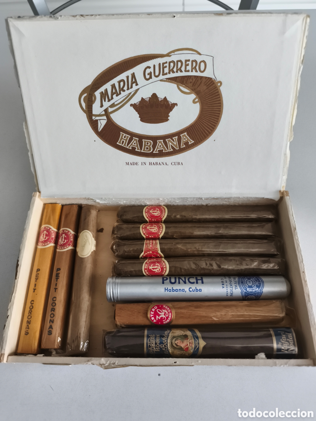 Coleccionismo: Antigua caja de Puros Habanos Mar&iacute;a guerrero con 10 puros Habanos de distintas marcas