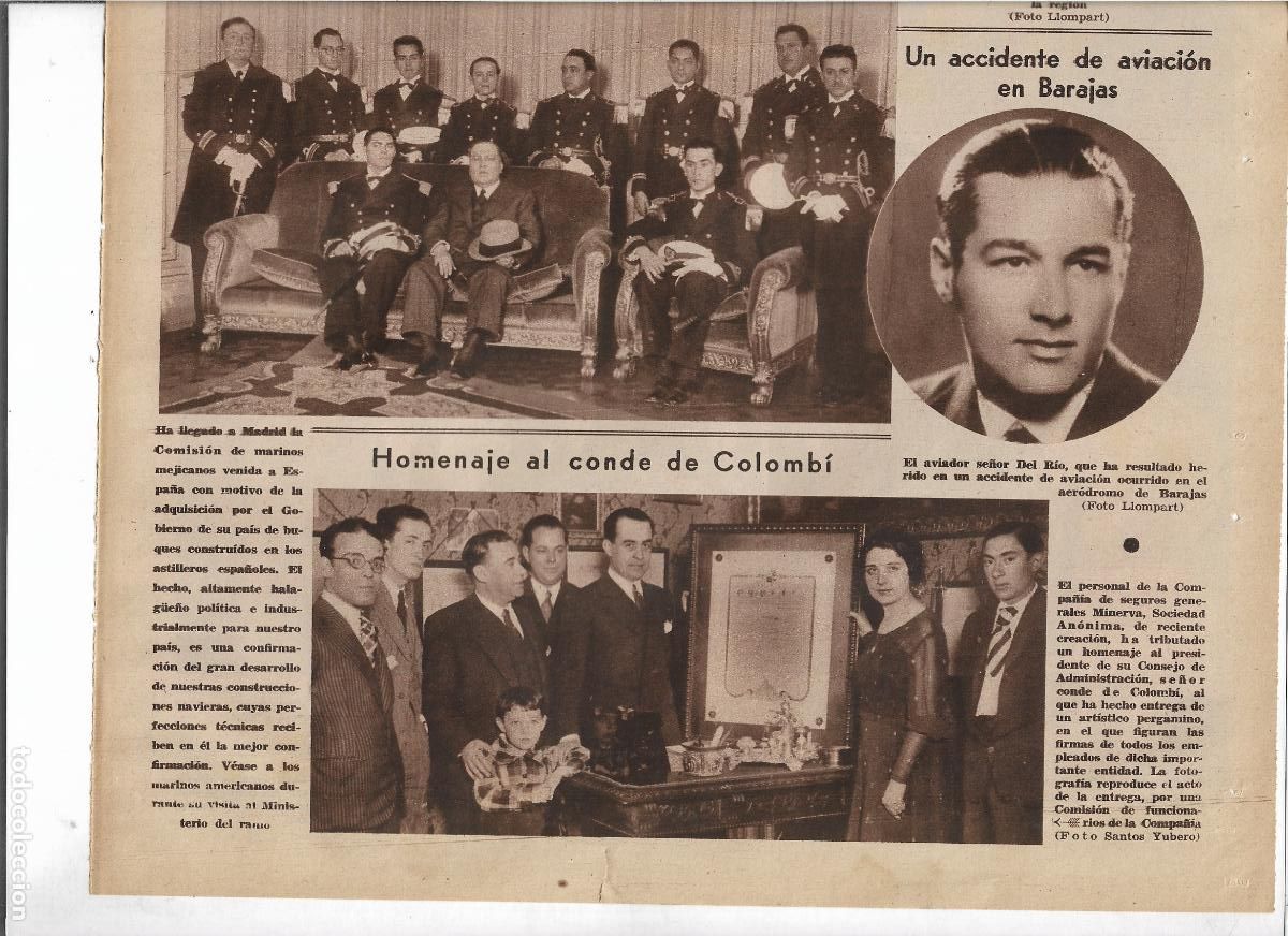 Coleccionismo: A&Ntilde;O 1933 RECORTE PRENSA HOMENAJE AL CONDE DE COLOMBI POR COMPA&Ntilde;IA SEGUROS GENERALES MINERVA
