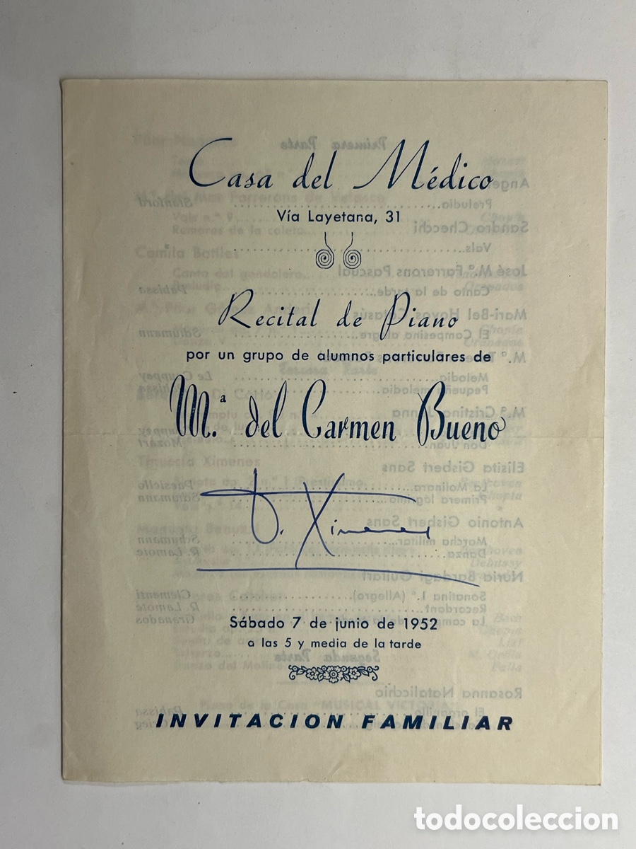 Coleccionismo: BARCELONA Casa del M&eacute;dico.. V&iacute;a Layetana. Recital de Piano. Alumnos de M. Carmen Bueno (a.1952)