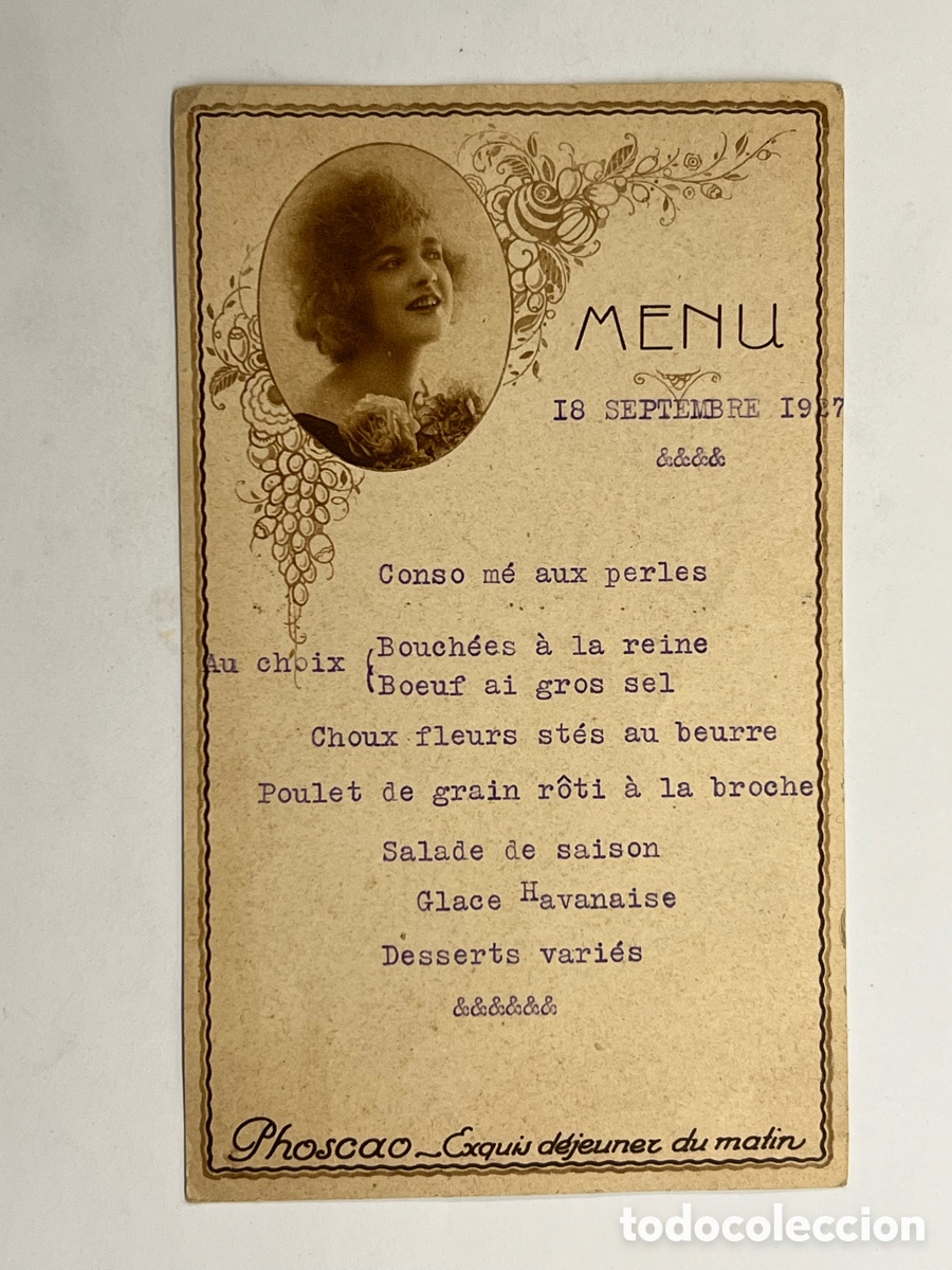 Coleccionismo: MEN&Uacute; Tarjeta francesa.., Phoscao Exquis dejeuner du matin. Textos en franc&eacute;s, Septiembre de 1927