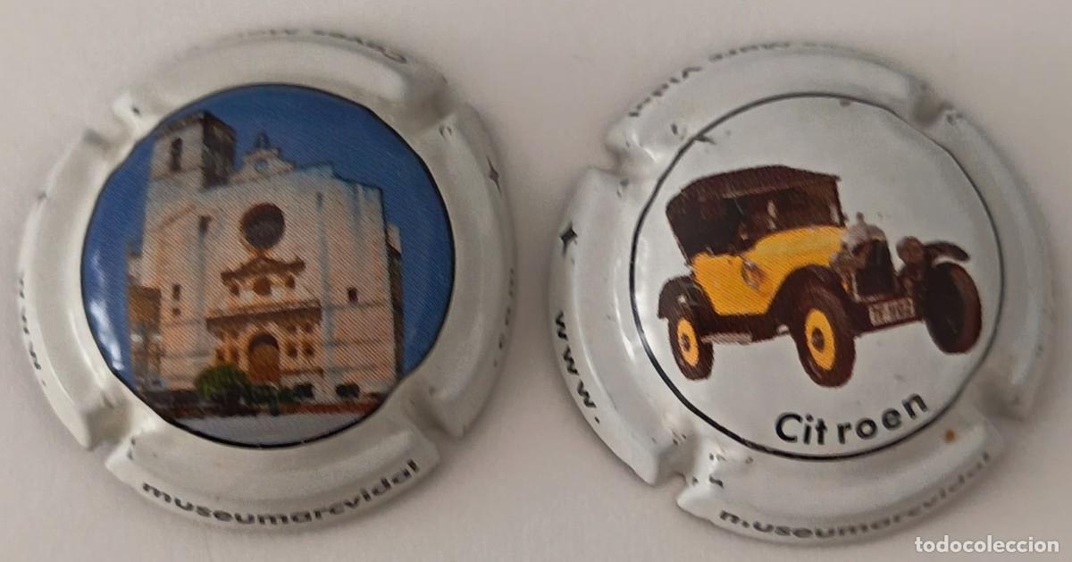 Coleccionismo: 2 Placas Chapa de Cava. Cava Marc Vidal. Museumarcvidal. Iglesia y coche citroen.