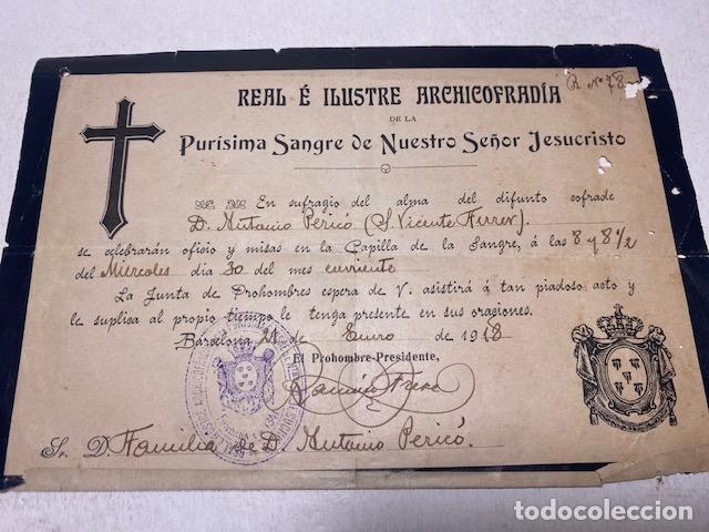 Coleccionismo: Real e Ilustre Archicofradia Purisima Sangre de Nuestro Se&ntilde;or Jesucristo. 1918. BCN. Anuncio de misa