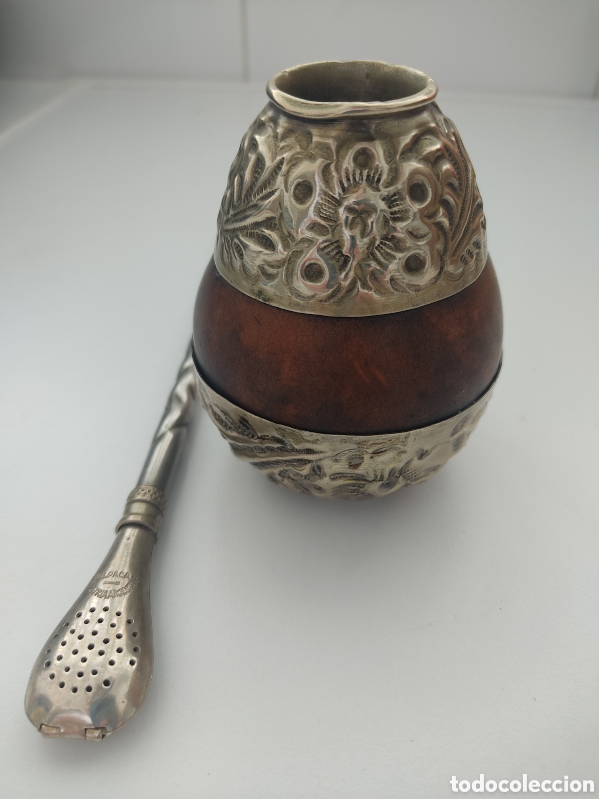 Coleccionismo: MATE Y BOMBILLA DE ALPACA Y CALABAZA