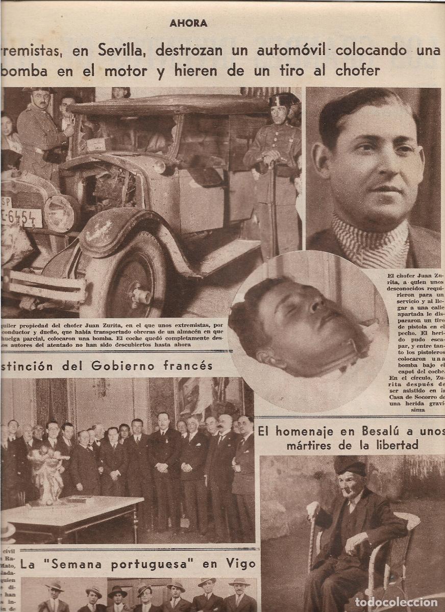 Colecionismo: A&Ntilde;O 1933 RECORTE PRENSA SEVILLA EXTREMISTAS BOMBA EN UN COCHE HIEREN A TIROS AL CHOFER JUAN ZURITA