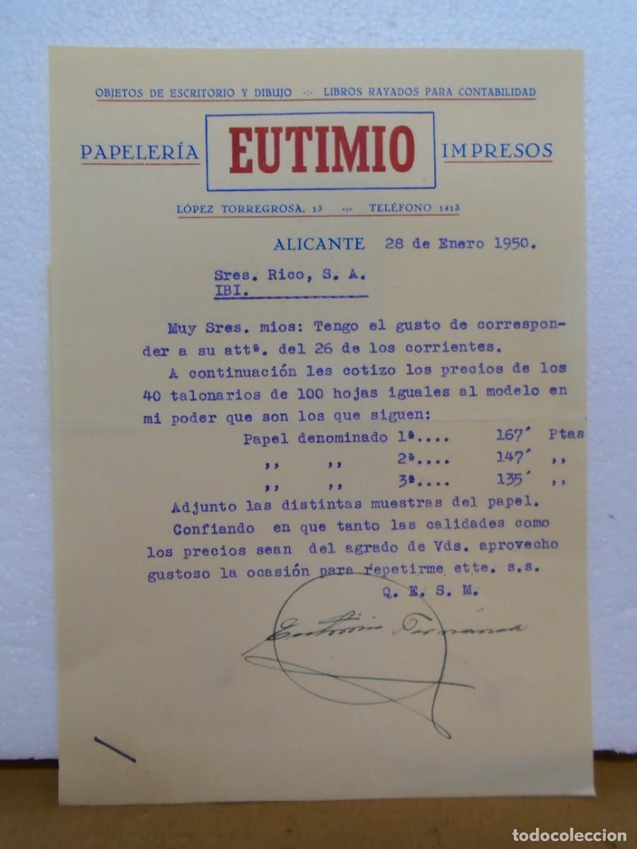Colecionismo: ALICANTE.PAPELERIA&rdquo;EUTIMIO&rdquo;CARTA COMERCIAL 1950 PARA RICO DE IBI.