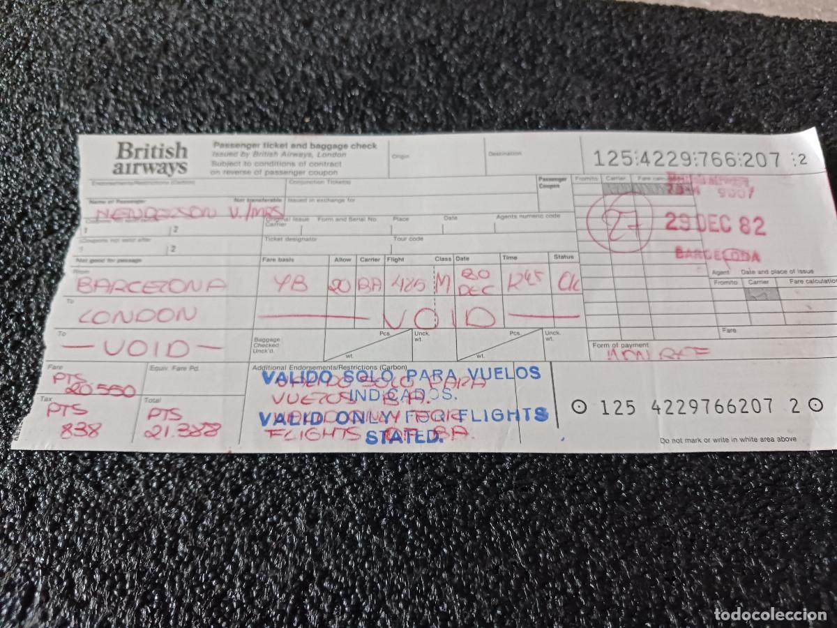 Coleccionismo: antiguo billete de avion, british airways, barcelona- londres 1982