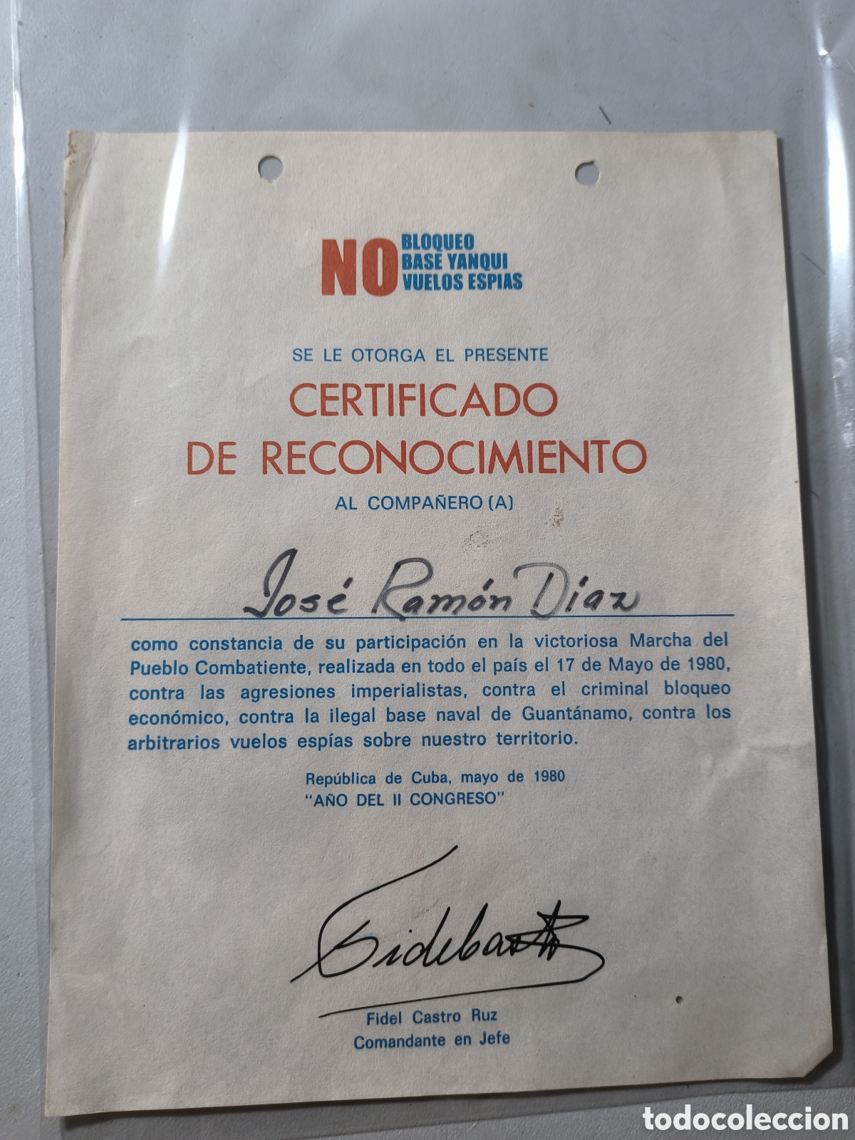 Coleccionismo: Cuba,diploma participaci&oacute;n marcha del pueblo combatiente,a&ntilde;o 1980.