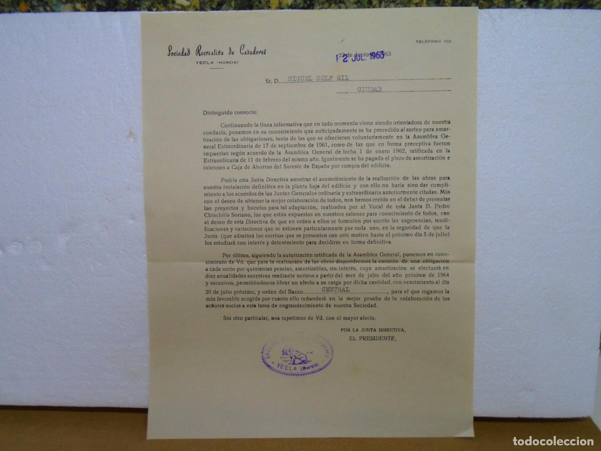 Coleccionismo: YECLA(MURCIA)SOCIEDAD RECREATIVA DE CAZADORES.CIRCULAR 1963.