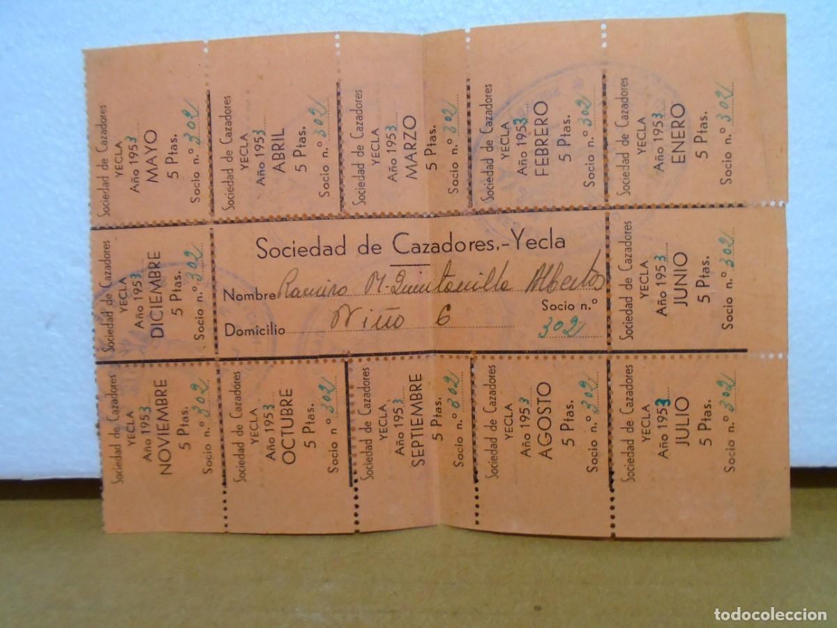 Coleccionismo: YECLA(MURCIA)SOCIEDAD DE CAZADORES&rdquo;SAN HUBERTO&rdquo;CUOTAS DE 1953.