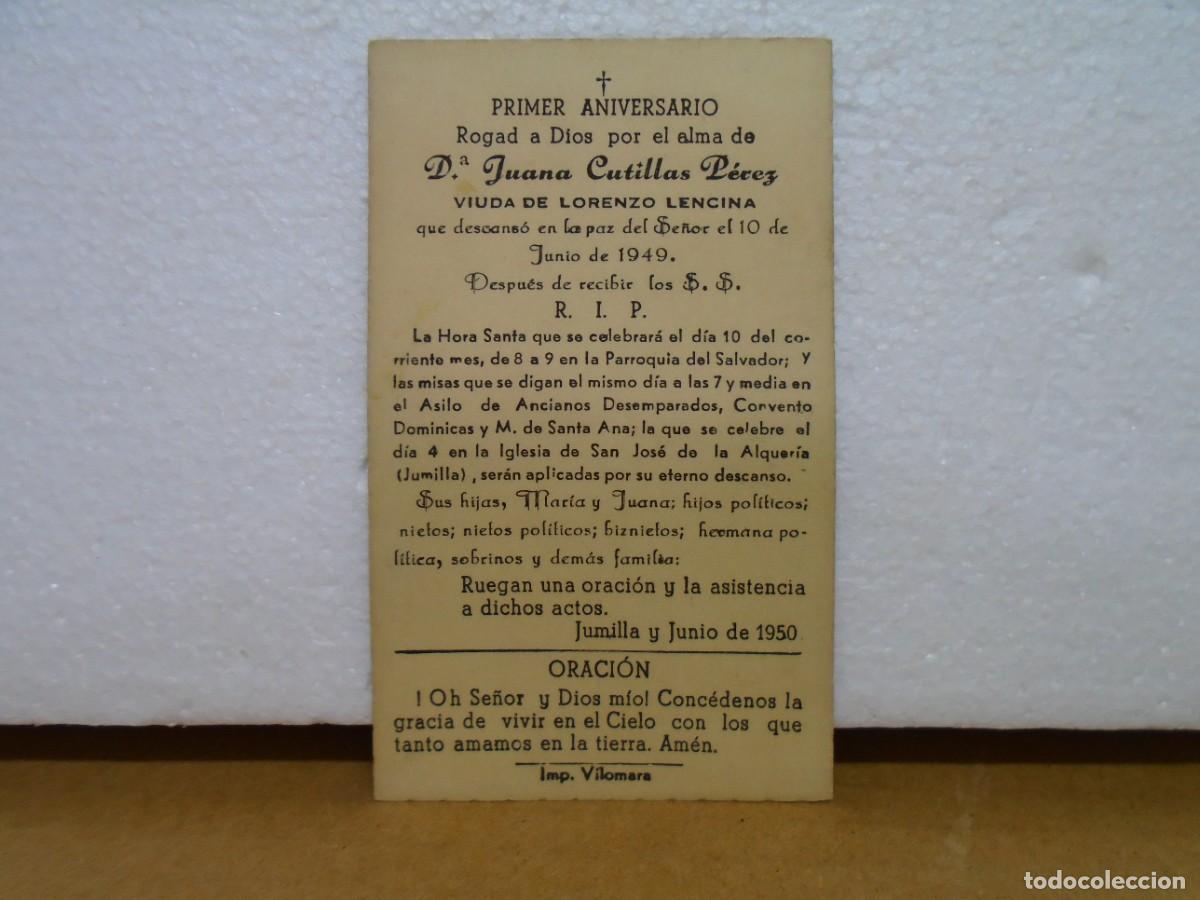 Coleccionismo: JUMILLA(MURCIA)ESQUELA DE LA VIUDA DE LORENZO LENCINA.1949.