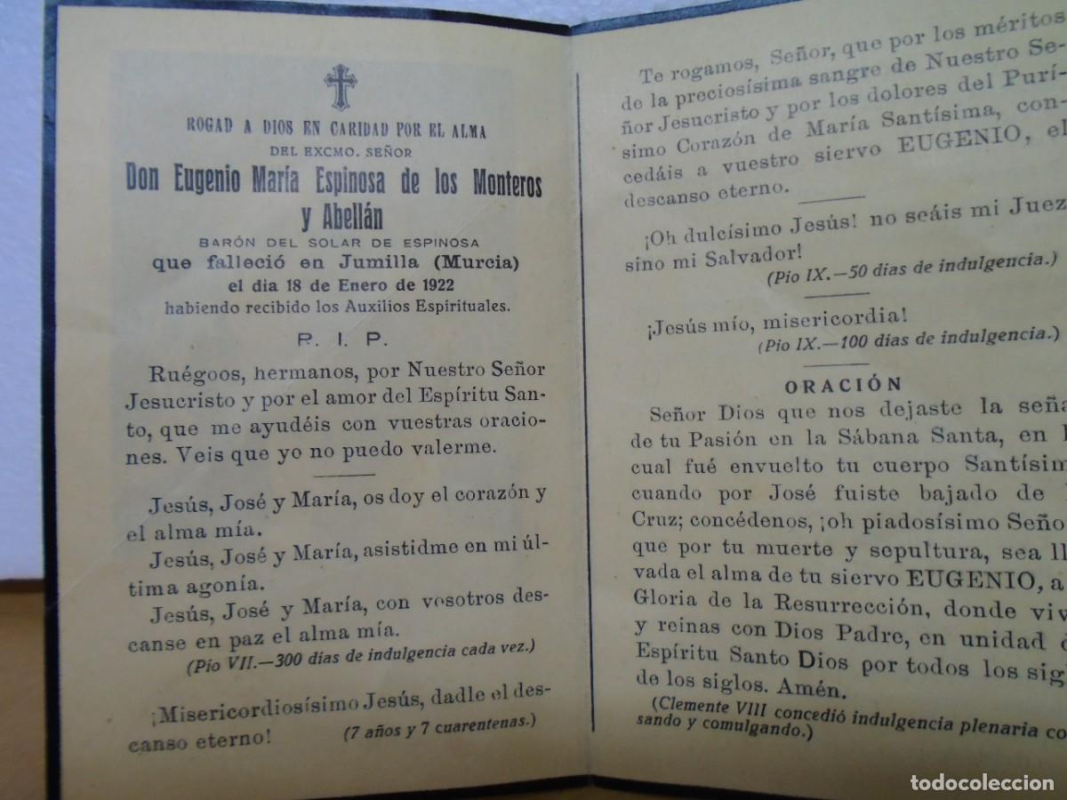 Coleccionismo: JUMILLA(MURCIA)ESQUELA DEL BARON DEL SOLAR DE ESPINOSA.1922.