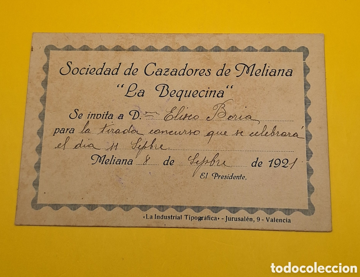 Coleccionismo: Tarjeta Sociedad de Cazadores La Bequecina - Meliana - Valencia - a&ntilde;o 1921 -