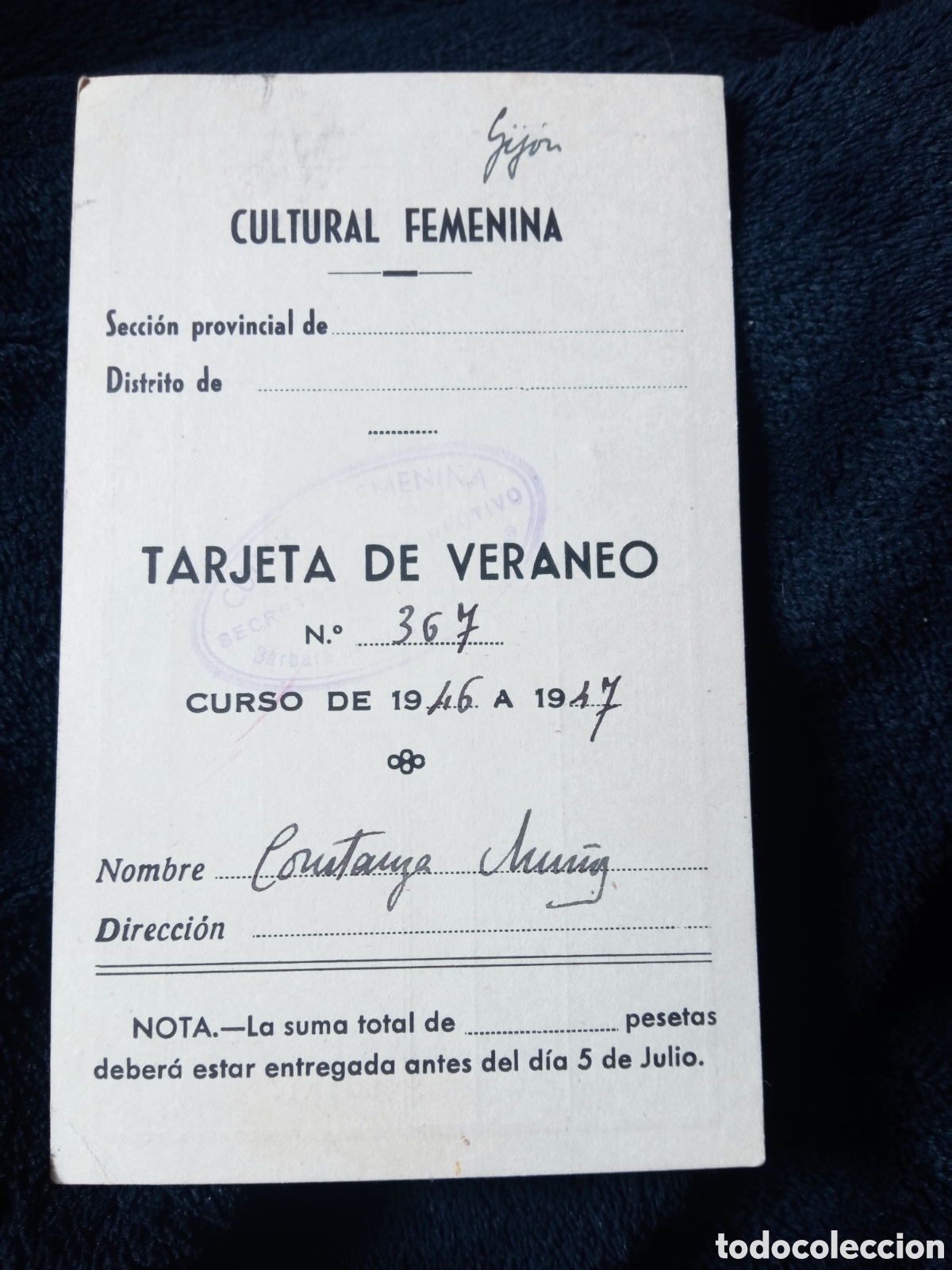 Coleccionismo: Tarjeta de Verano, Secci&oacute;n Femenina de Jijon, Curso 1946-1947