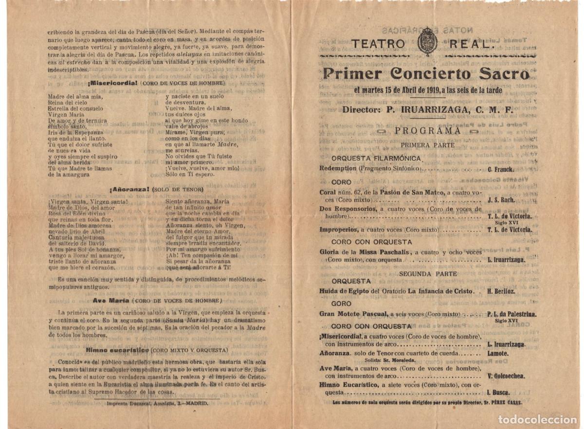 Coleccionismo: PRIMER CONCIERTO SACRO CELEBRADO EN EL TEATRO REAL DE MADRID. 1919. DIRIGIDOS POR P. IRUARRIZAGA.
