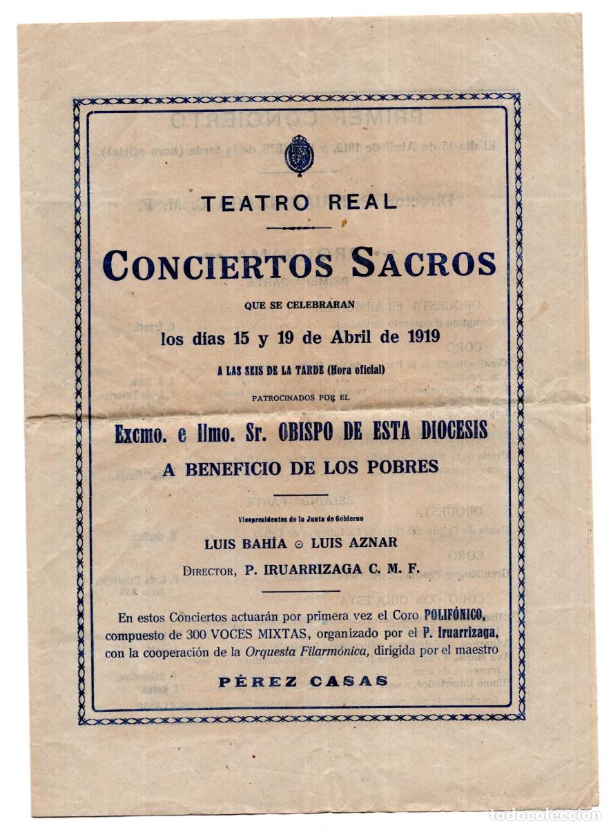 Coleccionismo: CONCIERTOS SACROS CELEBRADO EN EL TEATRO REAL DE MADRID. 1919. DIRIGIDOS POR P. IRUARRIZAGA.