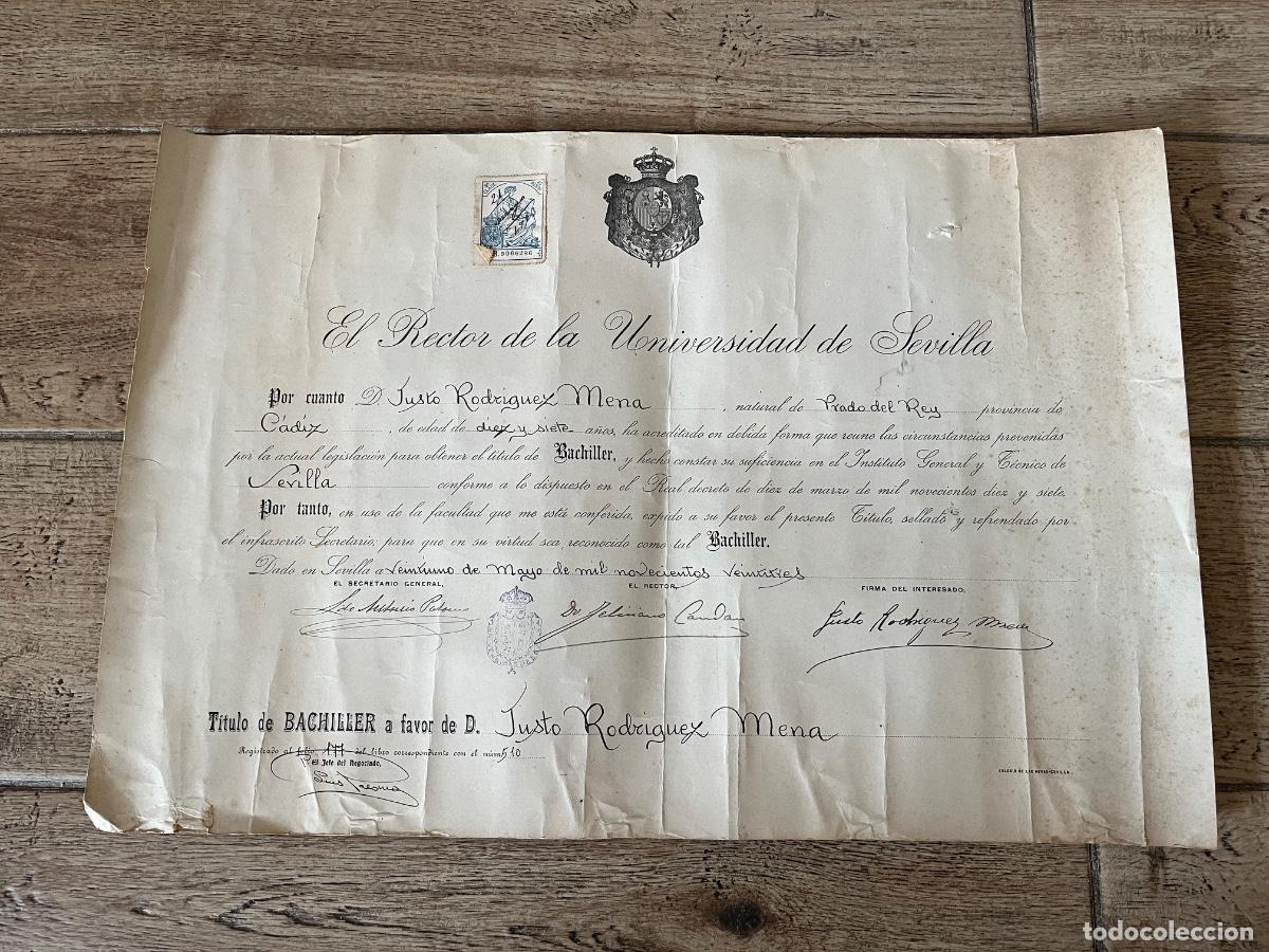 Coleccionismo: 1923 T&iacute;tulo de BACHILLER UNIVERSIDAD DE SEVILLA