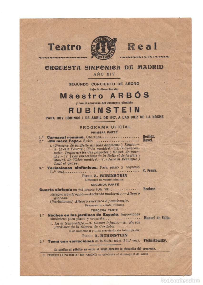 Coleccionismo: PROGRAMA TEATRO REAL MADRID 1917.ORQUESTA SINF&Oacute;NICA DE MADRID BAJO LA DIRECCI&Oacute;N MAESTRO ARB&Oacute;S.