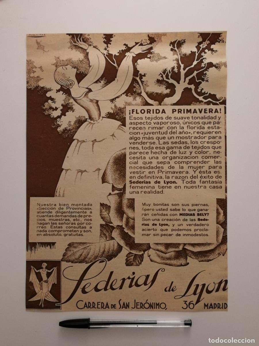 Coleccionismo: ANTIGUO ANUNCIO ENCARTONADO -A4- SEDERIAS DE LYON SEDA MEDIAS SELY - PUBLICIDAD LAMINA