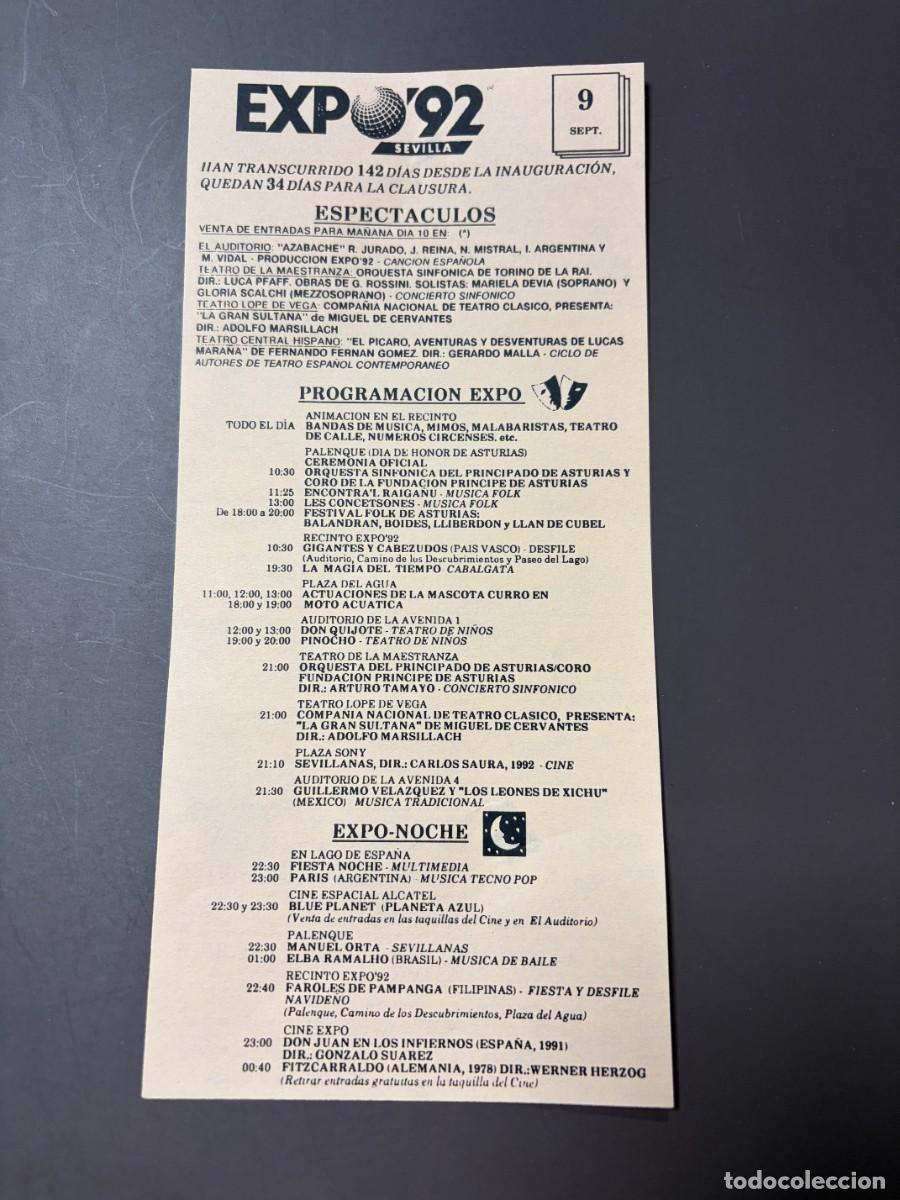Coleccionismo: PROGRAMA DE ESPECT&Aacute;CULOS DEL D&Iacute;A 9 DE SEPTIEMBRE DEL 92 DE LA EXPO 92 DE SEVILLA. VER FOTOS