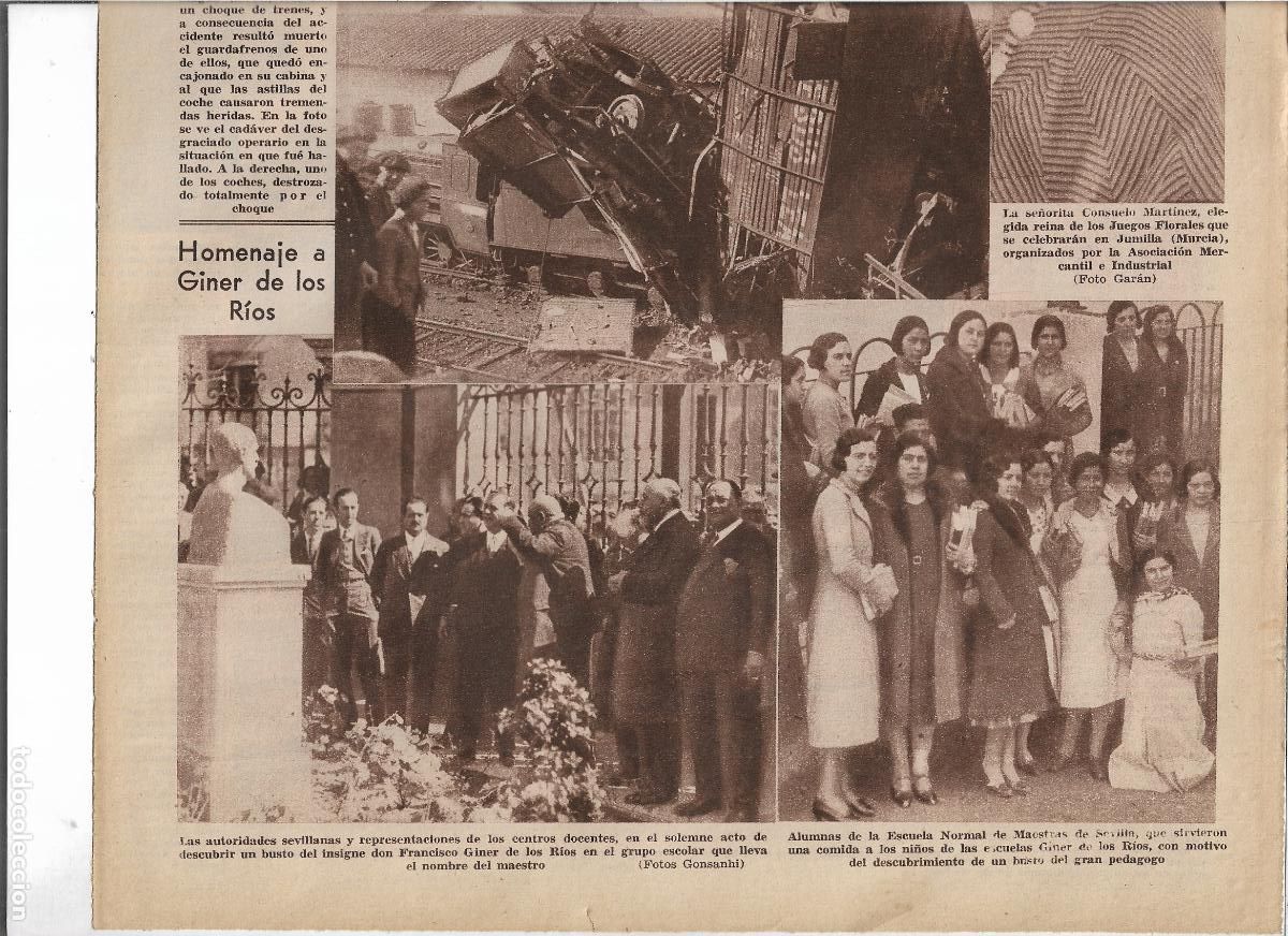 Coleccionismo: A&Ntilde;O 1933 RECORTE PRENSA SEVILLA HOMENAJE INAUGURACION MONUMENTO GINER DE LOS RIOS EN LA ESCUELA