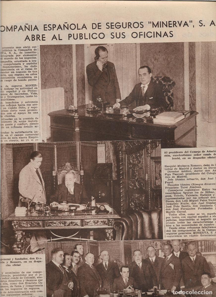 Coleccionismo: A&Ntilde;O 1933 RECORTE PRENSA COMPA&Ntilde;IA ESPA&Ntilde;OLA DE SEGUROS MINERVA ABRE SUS OFICINAS AL PUBLICO