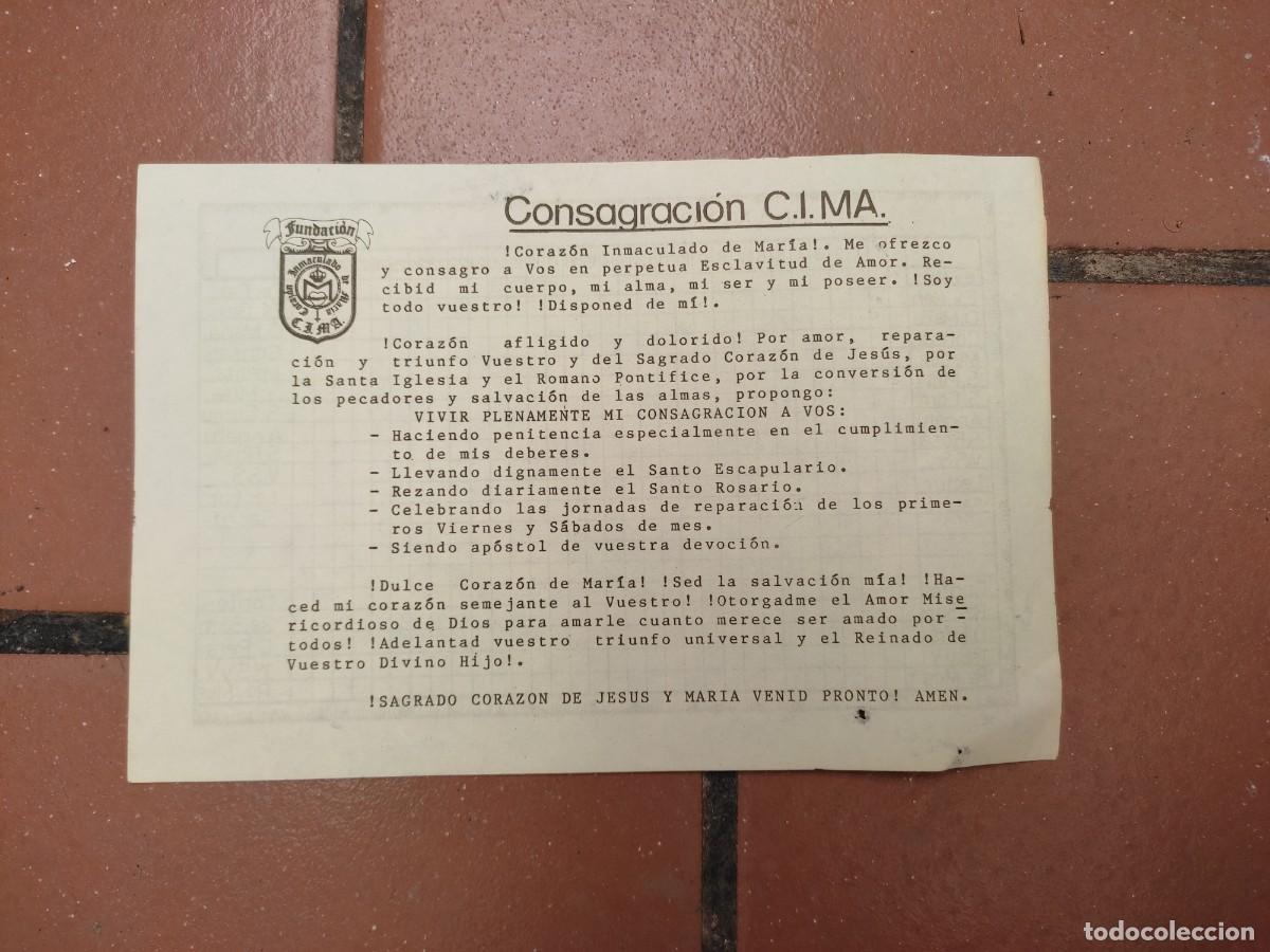 Coleccionismo: hoja Consagracion C.I.M.A. - Fundacion Corazon Inmaculado Maria - con planing en su parte posterior