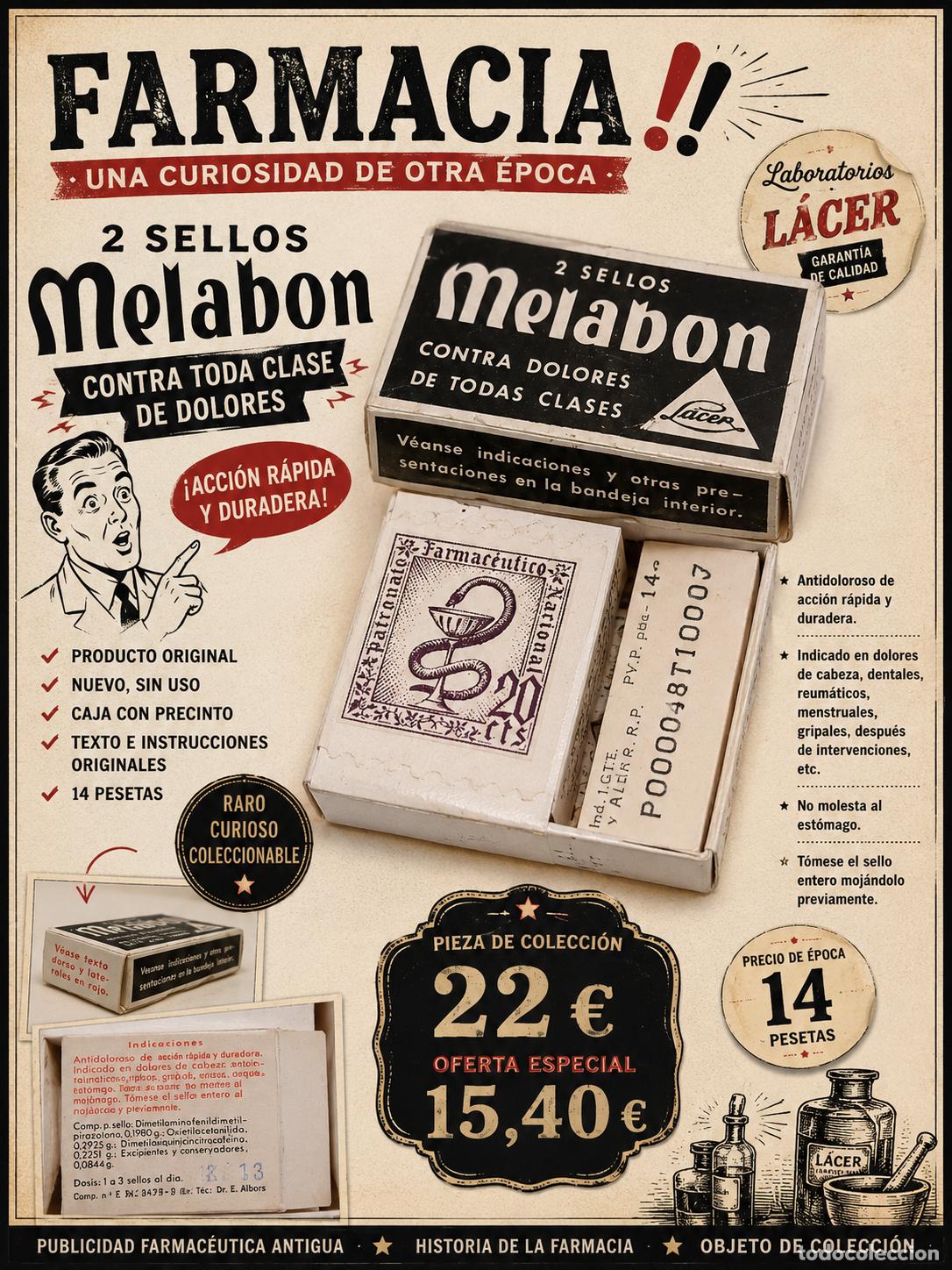 Coleccionismo: CURIOSO MEDICAMENTO ANTIGUO !! MELABON / 2 SELLOS CONTRA DOLORES / L&Aacute;CER / NUEVO