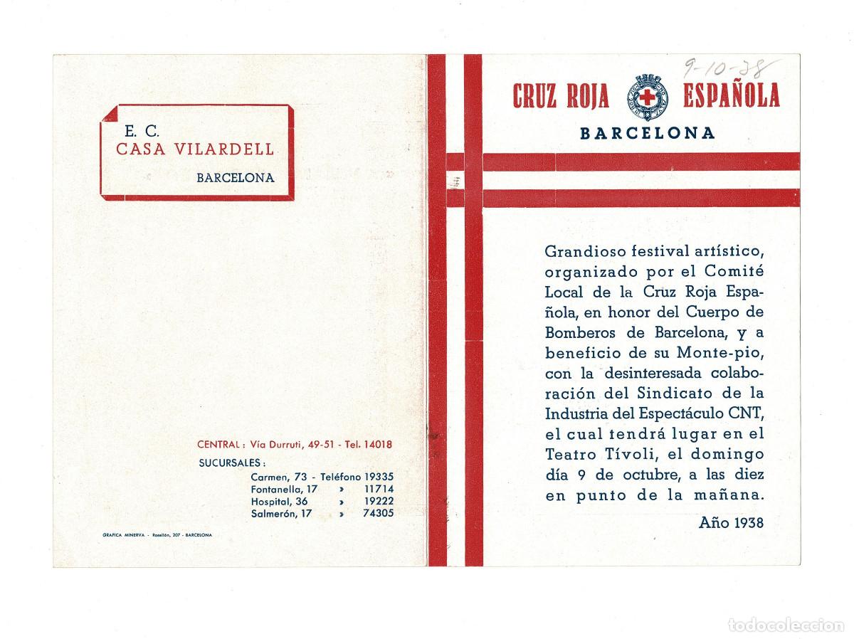 Coleccionismo: PROGRAMA FESTIVAL ART&Iacute;STICO DE LA CRUZ ROJA ESPA&Ntilde;OLA EN BARCELONA DURANTE EL A&Ntilde;O 1938.