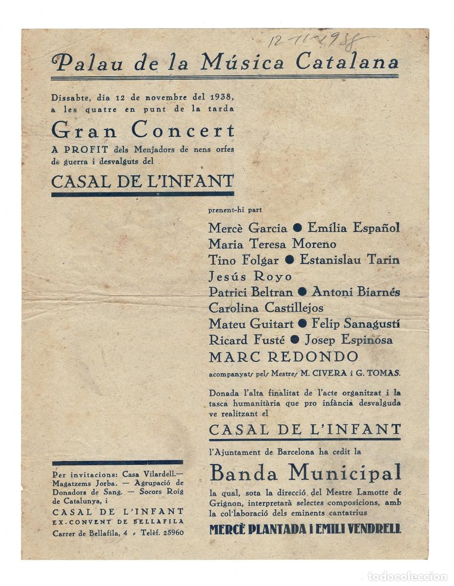 Collezionismo: PROGRAMA DE UN CONCIERTO BEN&Eacute;FICO CELEBRADO EL 12 DE NOVIEMBRE DE 1938 PALAU DE LA M&Uacute;SICA CATALANA