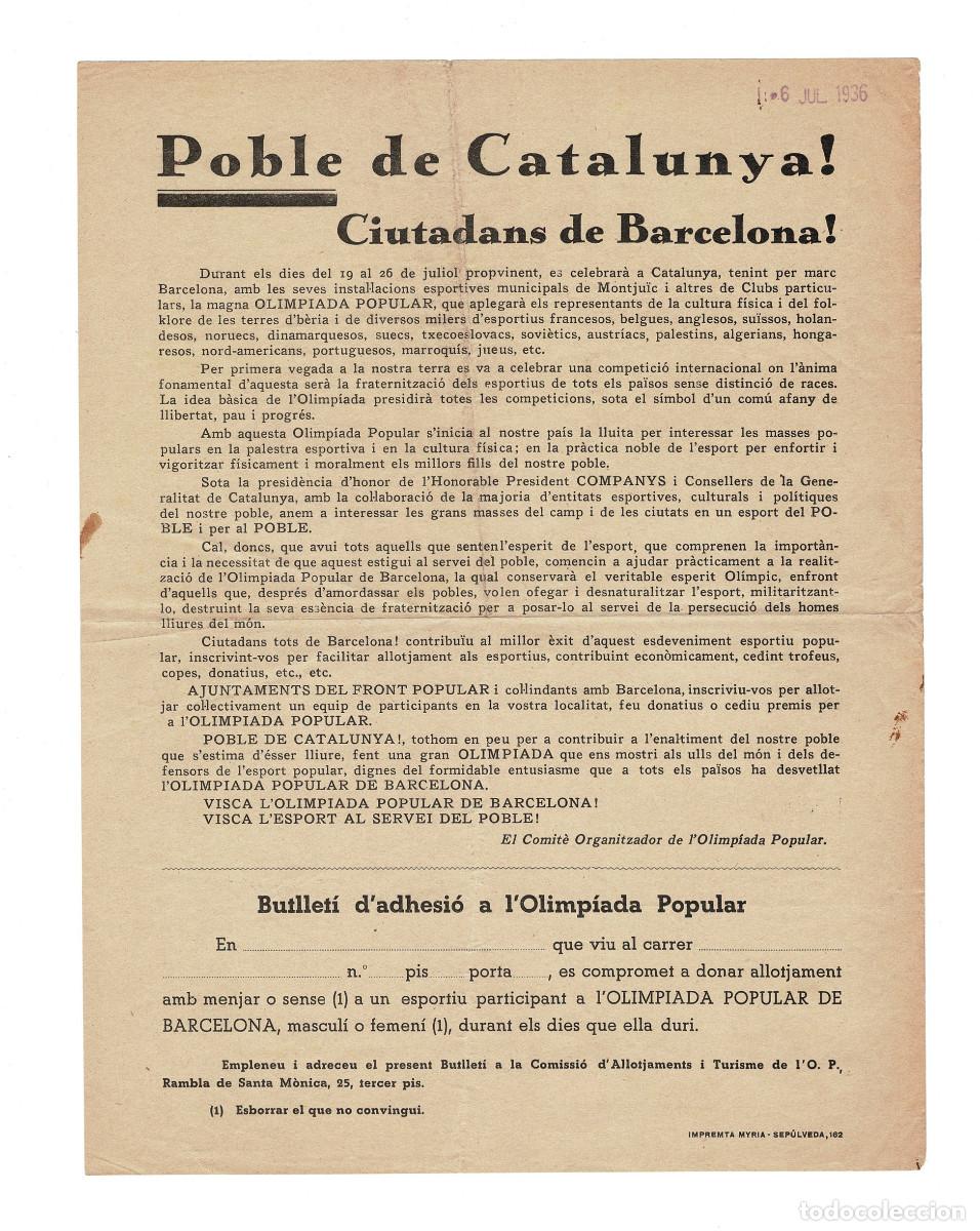Coleccionismo: CONVOCATORIA OLIMP&Iacute;ADA POPULAR DE 1936 EN BARCELONA. ALTERNATIVA JUEGOS OL&Iacute;MPICOS DE BERL&Iacute;N 1936