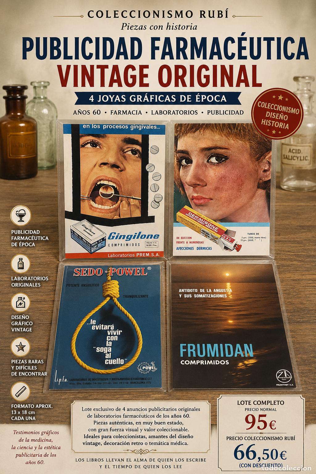 Coleccionismo: PUBLICIDAD FARMAC&Eacute;UTICA VINTAGE ORIGINAL / LOTE 4 ANUNCIOS LABORATORIO / A&Ntilde;OS 60-70 / RAROS