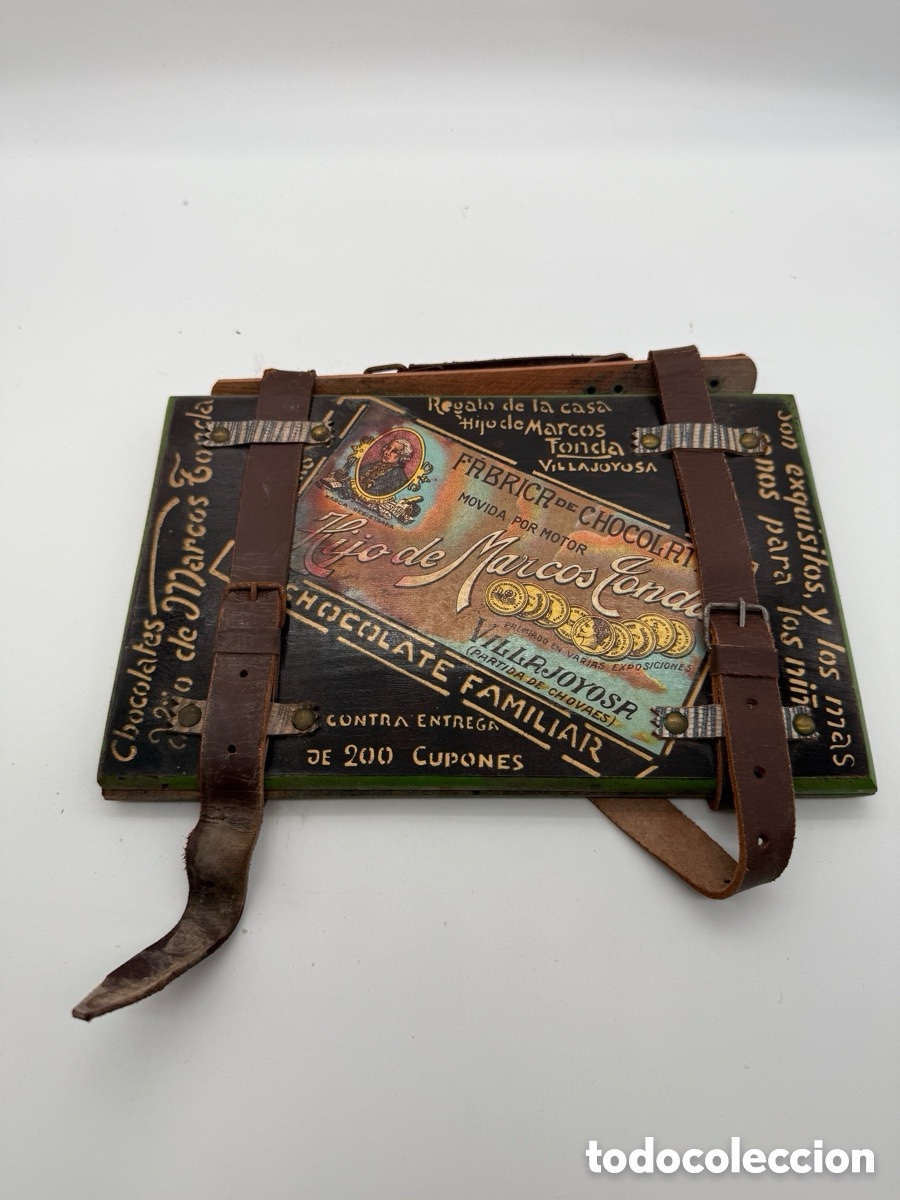 Collecting: ANTIGUO PORTALIBROS ESCOLAR CON PUBLICIDAD DE LA FABRICA DE CHOCOLATES- HIJO DE MARCOS FONDA (TONDA)
