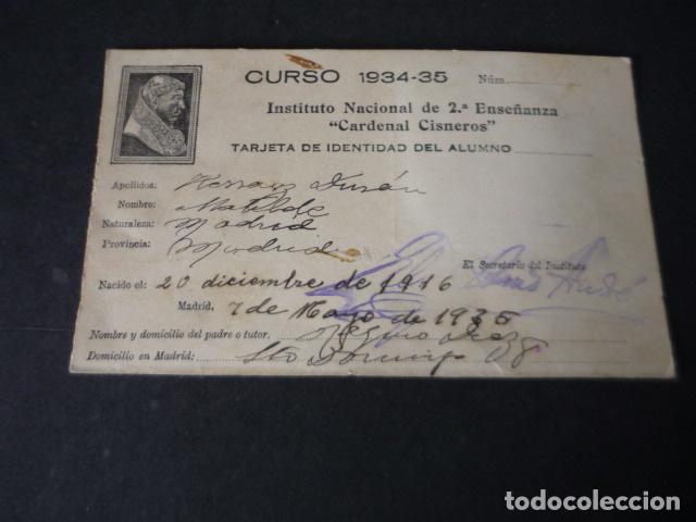 Coleccionismo: TARJETA IDENTIDAD INSTITUTO CARDENAL CISNEROS MADRID 1935
