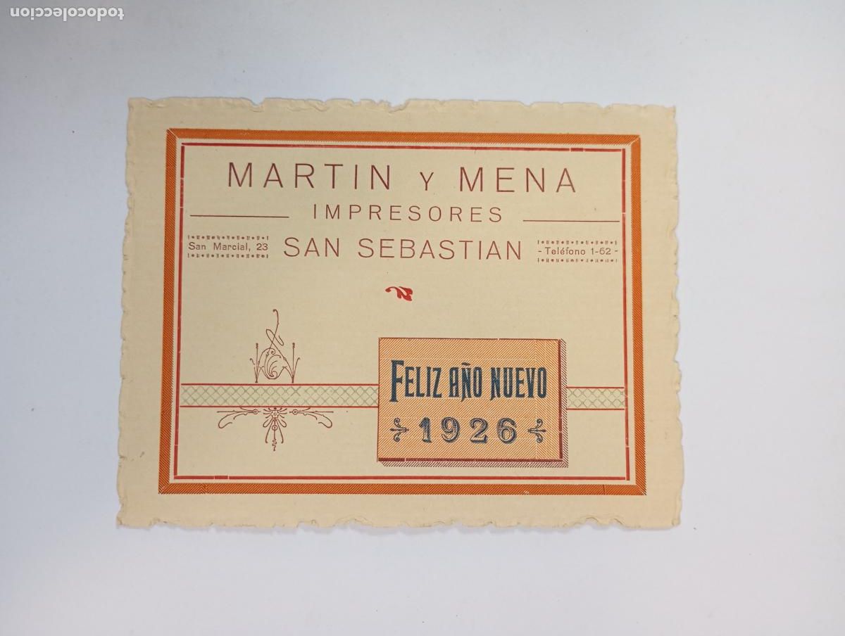 Coleccionismo: TARJETA FELICITACI&Oacute;N A&Ntilde;O NUEVO 1926. MART&Iacute;N Y MENA IMPRESORES SAN SEBASTI&Aacute;N. TDKP29B