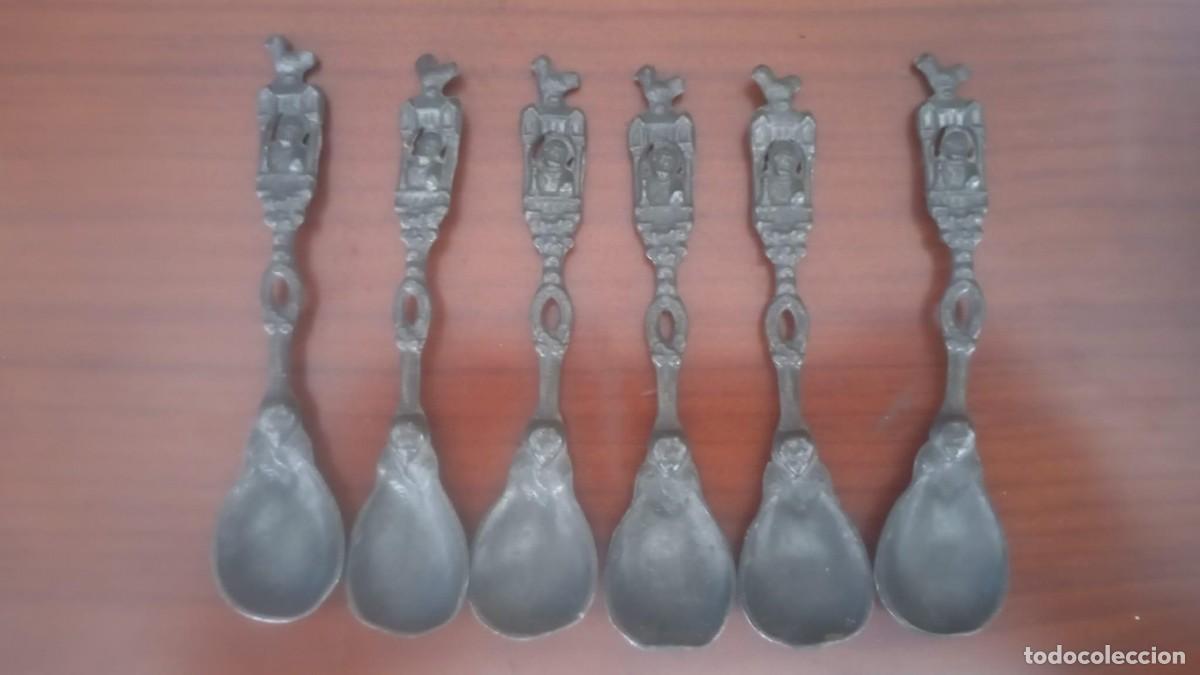 Colecionismo: Juego de 6 cucharas coleccionables de peltre holand&eacute;s con dise&ntilde;o intrincado antiguo.