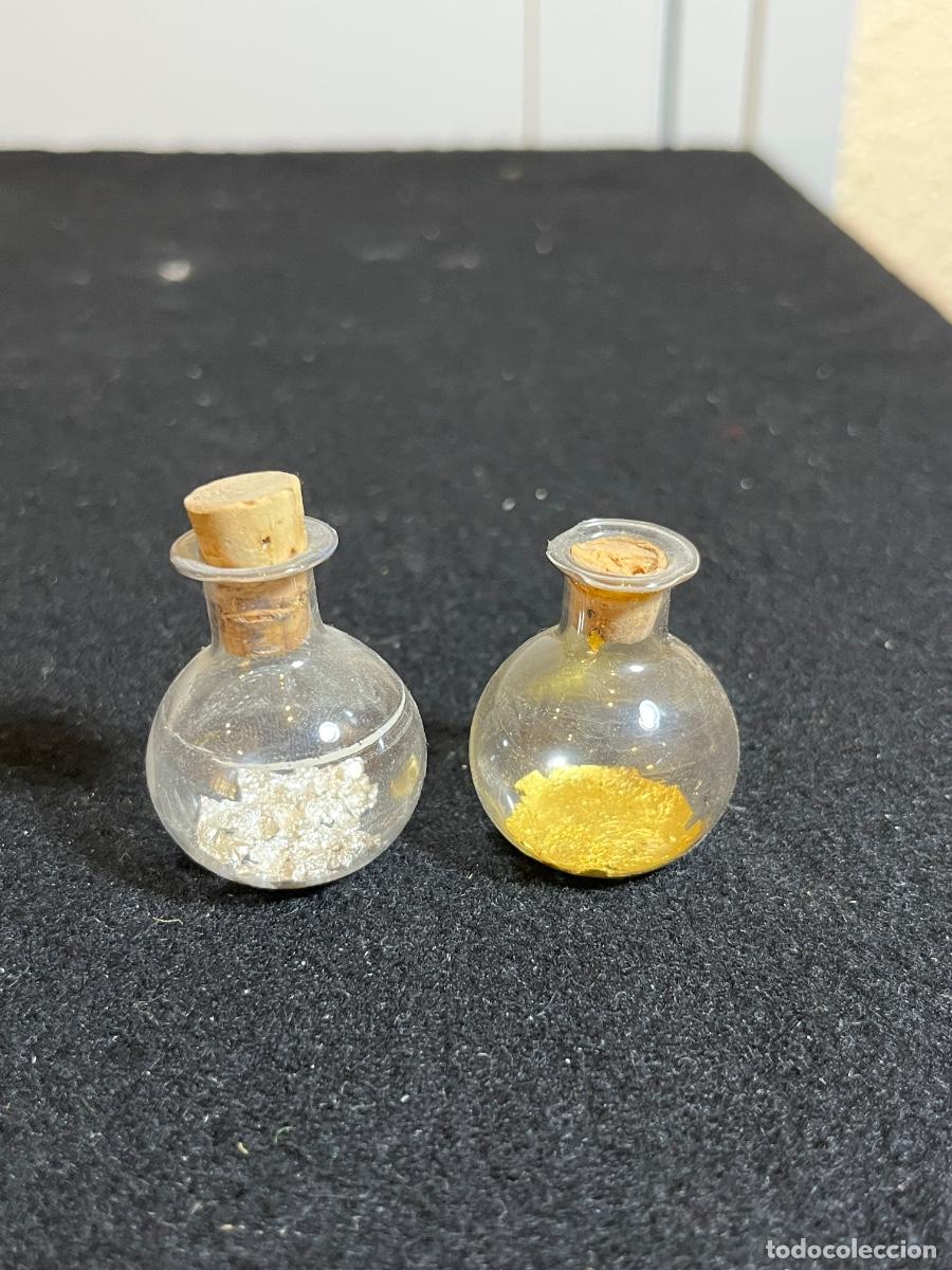 Colecionismo: Frascos matraz miniatura oro y plata vintage l&aacute;minas met&aacute;licas colecci&oacute;n mineralog&iacute;a