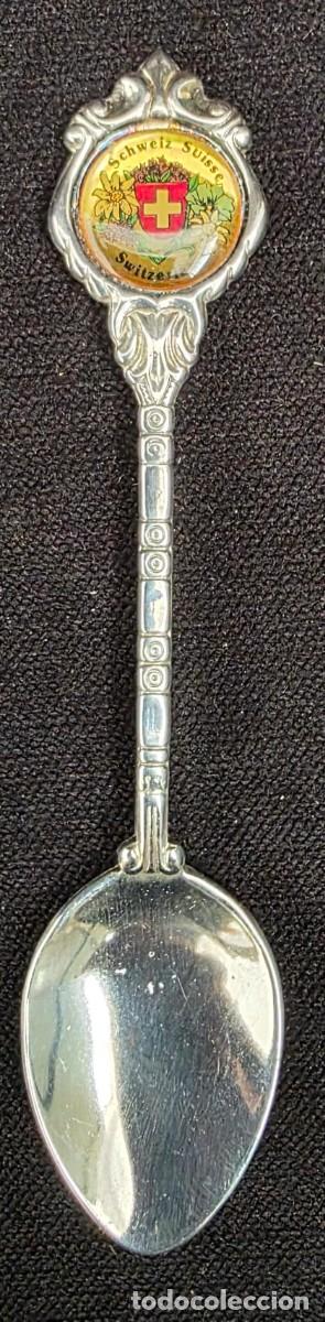 Coleccionismo: Cuchara Souvenir de Suiza &ldquo;Schweiz Suisse Switzerland&rdquo; en Metal Plateado con Escudo Alpino 12 cm