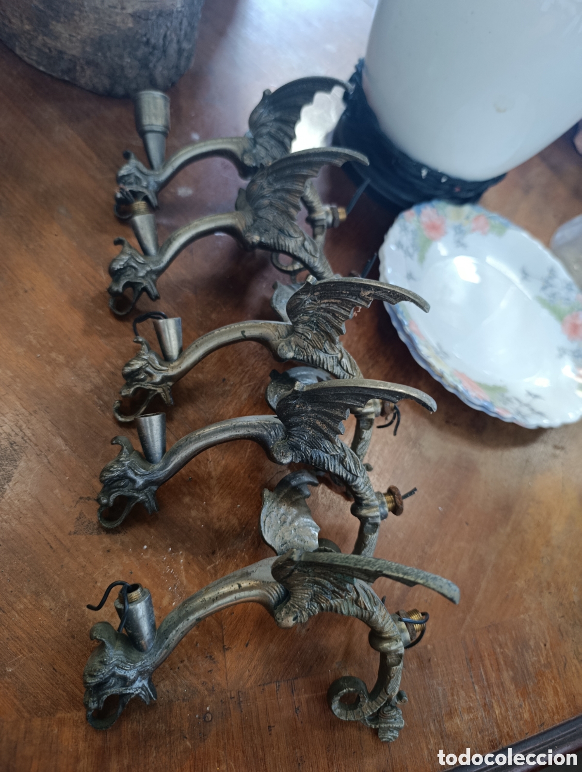 Coleccionismo: Lote de 5 dragones de laton plateado soporte lampara o percha