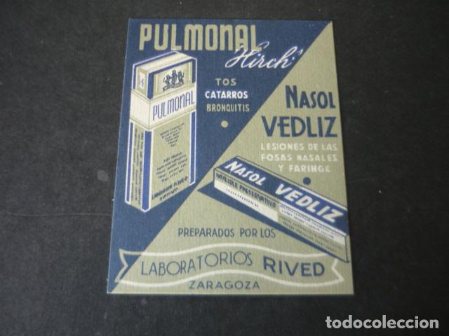 Collectionnisme: PUBLICIDAD FARMACIA PULMONAL HIRCH Y NASOL VEDLIZ LABORATORIOS RIVED ZARAGOZA