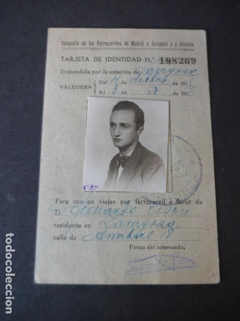 Collezionismo: CARNET TARJETA IDENTIDAD COMPA&Ntilde;IA FERROCARRILES DE MADRID ZARAGOZA ALICANTE 1935 1936