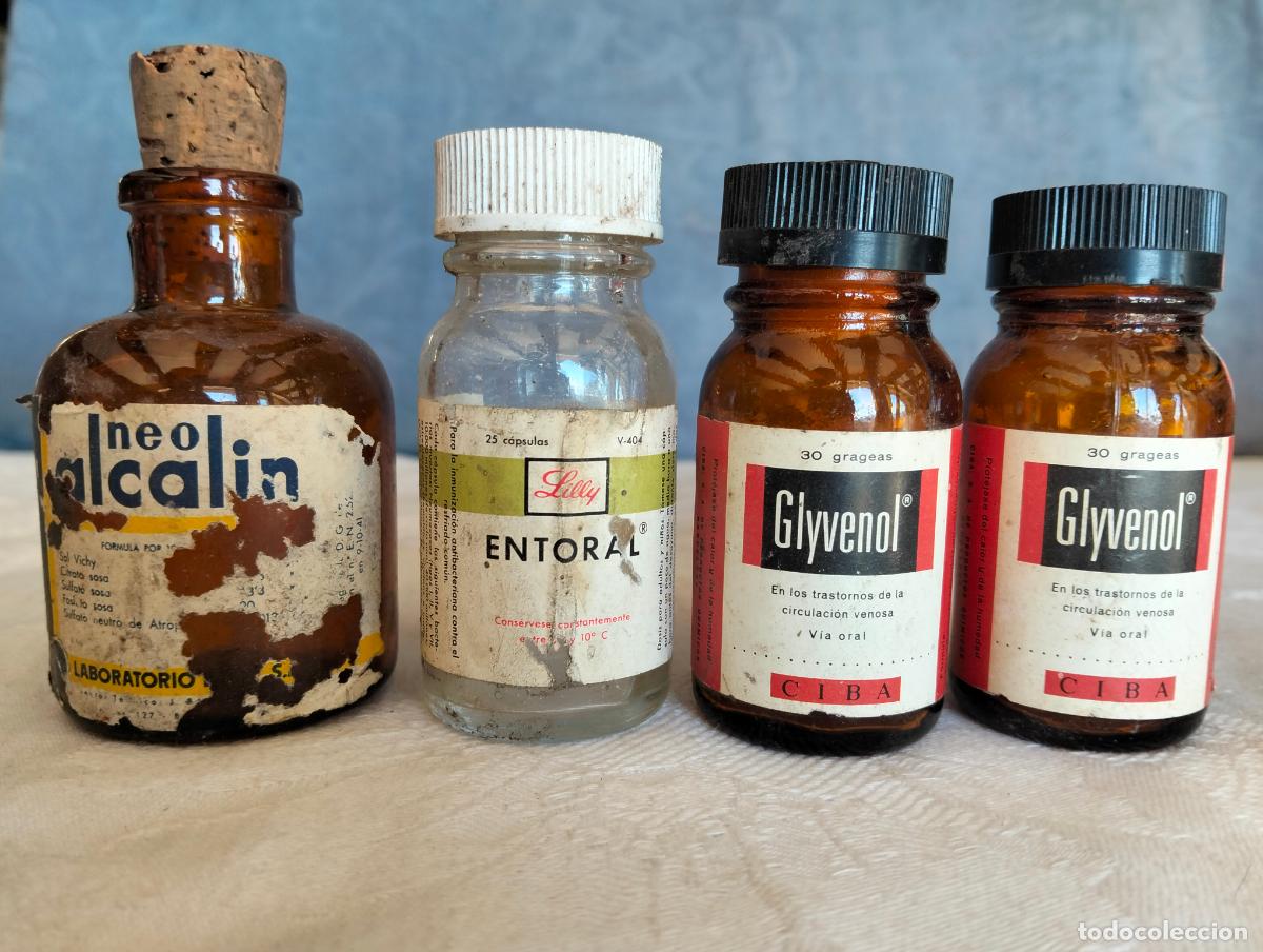 Sammeln: Lote frascos botes de medicamento antiguos Glyvenol entoral lilly neo alcalin cristal a&ntilde;os 50-60