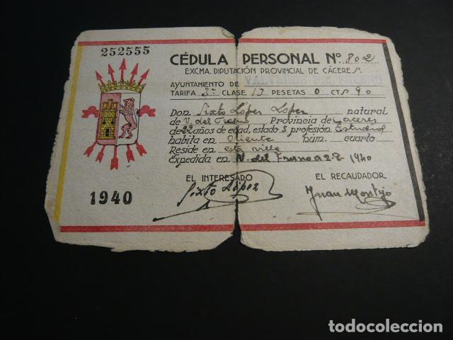 Coleccionismo: CEDULA PERSONAL DIPUTACION DE CACERES 1940 VALVERDE DEL FRESNO